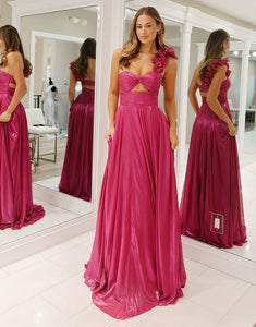 Fuchsia One Shoulder Metallic A-Line Long Prom Dress with Slit