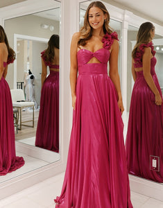 Fuchsia One Shoulder Metallic A-Line Long Prom Dress with Slit