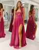 Fuchsia One Shoulder Metallic A-Line Long Prom Dress with Slit