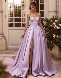 Lilac Sweetheart Satin A-Line Long Corset Slit Prom Dress