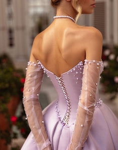 Lilac Sweetheart Satin A-Line Long Corset Slit Prom Dress