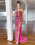 Fuchsia Mermaid Spaghetti Black Spots Print Prom Dress with Slit