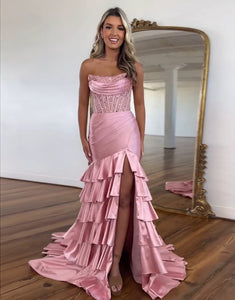 Blush Strapless Mermaid Satin Tiered Long Prom Dress with Sequins