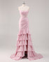 Mermaid Blush Strapless Bateau Neck Cascading Ruffles Prom Dress