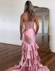 Blush Strapless Mermaid Satin Tiered Long Prom Dress with Sequins