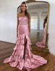 Blush Strapless Mermaid Satin Tiered Long Prom Dress with Sequins