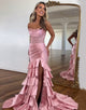 Blush Strapless Mermaid Satin Tiered Long Prom Dress with Sequins