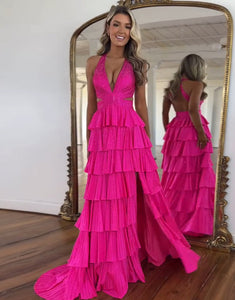 Fuchsia Halter Neck A-Line Tiered Long Prom Dress with Slit