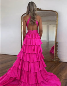 Fuchsia Halter Neck A-Line Tiered Long Prom Dress with Slit