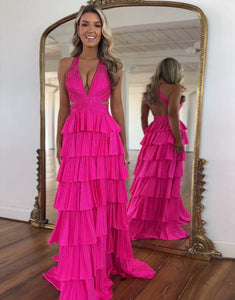 Fuchsia Halter Neck A-Line Tiered Long Prom Dress with Slit