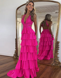 Fuchsia Halter Neck A-Line Tiered Long Prom Dress with Slit