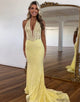 Yellow Halter Neck Lace Mermaid Applique Long Prom Dress