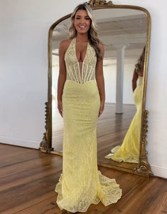 Yellow Halter Neck Lace Mermaid Applique Long Prom Dress