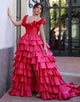 Fuchsia Off the Shoulder A-Line Tiered Prom Dress with Ruffles