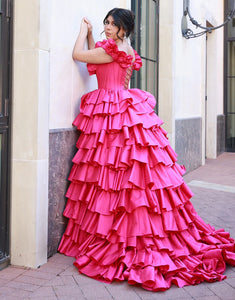 Fuchsia Off the Shoulder A-Line Tiered Prom Dress with Ruffles