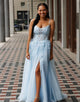 Light Blue Spaghetti Straps Tulle A-Line Prom Dress with Appliques