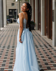 Light Blue Spaghetti Straps Tulle A-Line Prom Dress with Appliques