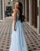 Light Blue Spaghetti Straps Tulle A-Line Prom Dress with Appliques