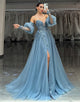 Sparkly Grey Blue Sweetheart A-Line Tulle Long Prom Dress with Appliques