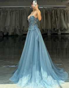 Sparkly Grey Blue Sweetheart A-Line Tulle Long Prom Dress with Appliques