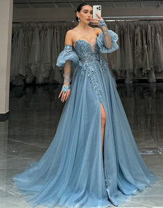 Sparkly Grey Blue Sweetheart A-Line Tulle Long Prom Dress with Appliques