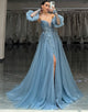 Sparkly Grey Blue Sweetheart A-Line Tulle Long Prom Dress with Appliques