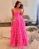 Fuchsia A-Line Sweetheart Chiffon Tiered Long Prom Dress with Slit