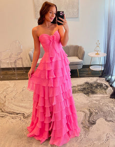 Fuchsia A-Line Sweetheart Chiffon Tiered Long Prom Dress with Slit