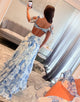 Blue White Flower Printed V-neck A-Line Long Prom Dress with Slit