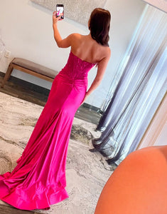 Sparkly Fuchsia Strapless Mermaid Long Prom Dress with Sequins