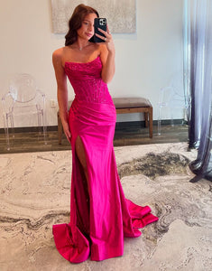 Sparkly Fuchsia Strapless Mermaid Long Prom Dress with Sequins