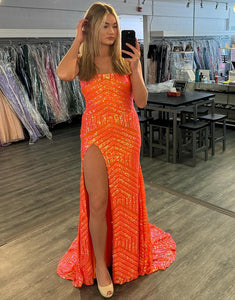 Sparkly Orange Mermaid Sequins Long Prom Dress with Slit