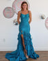 Sparkly Blue Mermaid Spaghetti Tiered Long Prom Dress with Slit