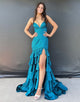 Sparkly Blue Mermaid Spaghetti Tiered Long Prom Dress with Slit