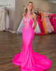 Glitter Fuchsia Halter Neck Mermaid Beaded Hollow Long Prom Dress