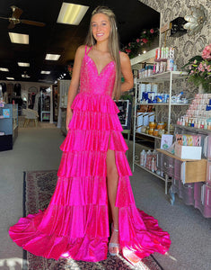 Glitter Fuchsia Spaghetti A-Line Ruffled Long Prom Dress with Slit