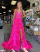 Glitter Fuchsia Spaghetti A-Line Ruffled Long Prom Dress with Slit