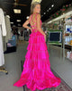 Glitter Fuchsia Spaghetti A-Line Ruffled Long Prom Dress with Slit