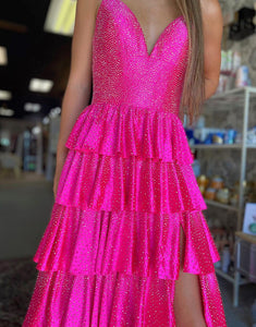 Glitter Fuchsia Spaghetti A-Line Ruffled Long Prom Dress with Slit