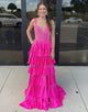 Glitter Fuchsia Spaghetti A-Line Ruffled Long Prom Dress with Slit