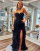 Black Sweetheart A-Line Tulle Tiered Long Prom Dress with Appliques