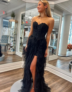 Black Sweetheart A-Line Tulle Tiered Long Prom Dress with Appliques