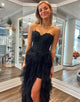 Black Sweetheart A-Line Tulle Tiered Long Prom Dress with Appliques