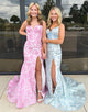 Pink Applique Spaghetti Mermaid Long Corset Prom Dress with Slit