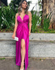 Fuchsia Spaghetti Straps Sheath Ruched Long Prom Dress with Slit