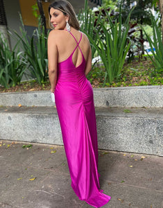 Fuchsia Spaghetti Straps Sheath Ruched Long Prom Dress with Slit