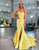 Yellow Sweetheart Satin Bow Mermaid Long Prom Dress with Slit