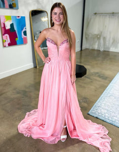 Pink Sweetheart A-Line Chiffon Long Prom Dress with Slit