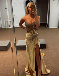 Glitter Golden Mermaid Beaded Long Prom Dress with Slit