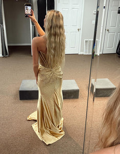 Glitter Golden Mermaid Beaded Long Prom Dress with Slit